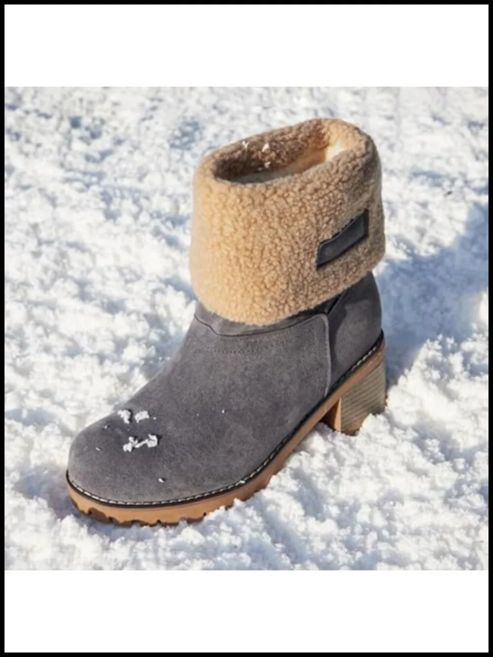 Faux Suede Ankle Snow Booties Chunky Heel Slip On Winter Shoes